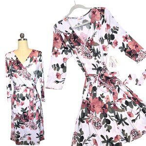 LuLaRoe Michelle Dress Large Floral White Pink Green Wrap Adjustable 3/4 Sleeve
